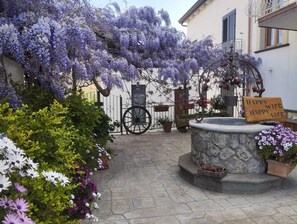 Ein Innenhof mit violetten Wisteria-Ranken, einem Steinfbrunnen und einem Schild mit der Aufschrift 'Happy Wife Happy Life'.