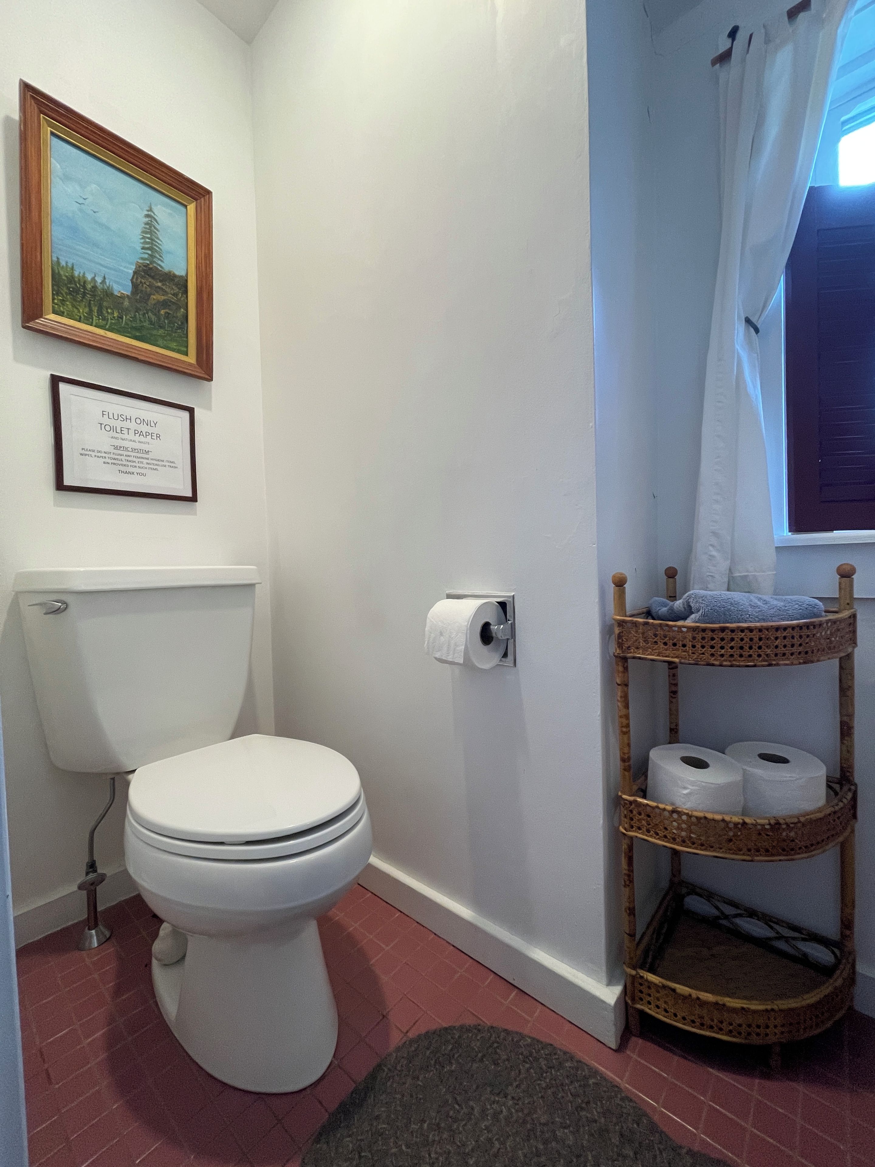 A bathroom with a toilet, a roll of toilet paper, a framed picture on the wall, and a wicker shelf with towels.