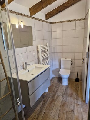 Shower, hair dryer, towels, toilet paper