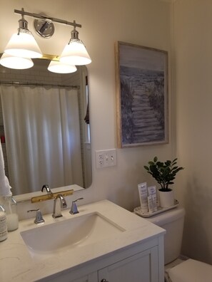 A bathroom with a white sink, two faucets, a mirror, a shower curtain, a painting, a potted plant, and toiletries on the counter.