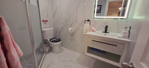 Shower, hair dryer, towels, soap