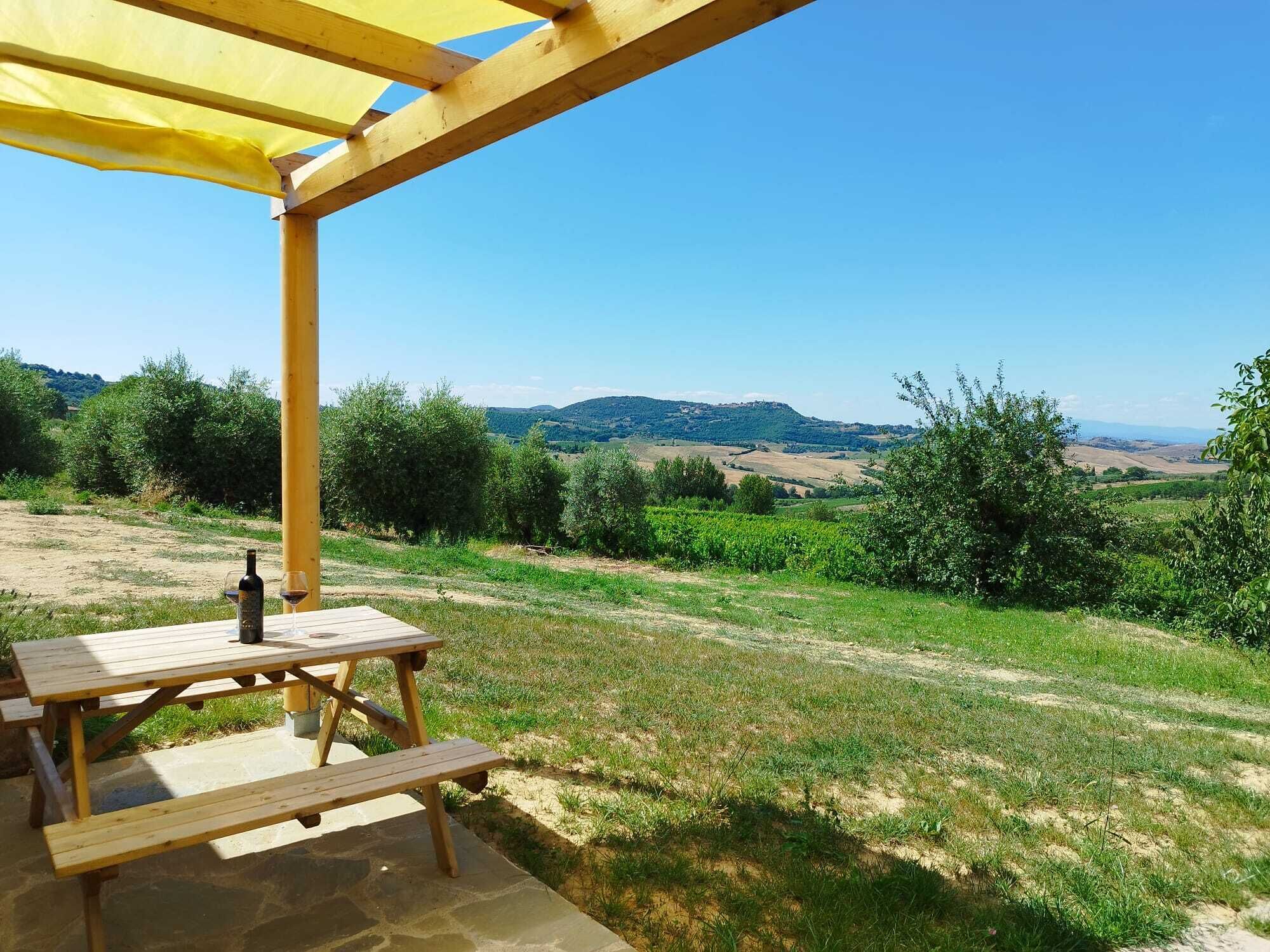 A wooden picnic table with a bottle and glass under a yellow canopy, overlooking a vineyard and hilly landscape.