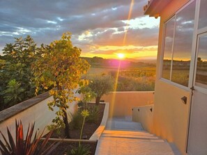 A staircase leading to a balcony with a view of a sunset over a field.