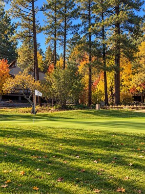 A golf course with a flagstick, surrounded by trees with autumn foliage. - Scenic getaway in central Flagstaff (Flagstaff)