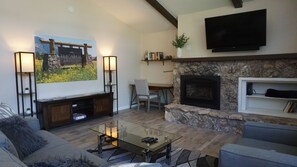 TV, fireplace, books