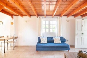 A room with a wooden ceiling, a blue sofa with pillows, a dining table with chairs, and a white door.