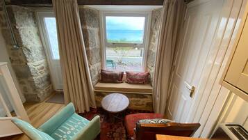 Fireplace, books, computer monitors