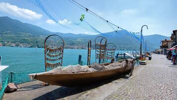 A wooden boat docked by a cobblestone waterfront with a netted area overhead and mountains in the background.