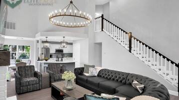 Smart TV, fireplace, books