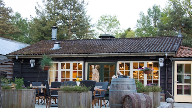 A rustic building with a tiled roof, large windows, and outdoor seating with wicker chairs and planters. - Cozy Chalet With a Decorative Fireplace (Ruinen)
