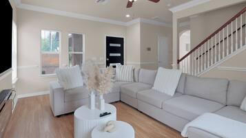 Smart TV, fireplace, ping pong