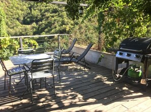 Outdoor dining - Apartment 'Mas La Rainette Chez Raphael' with Mountain View, Shared Pool and Wi-Fi (Val-d'Aigoual)