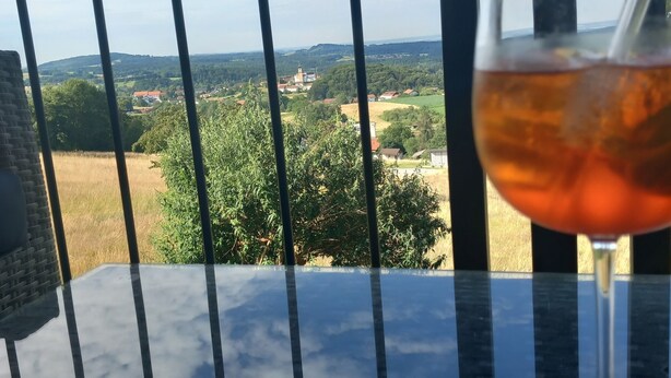 A glass of red wine on a table with a view of a rural landscape through a metal railing. - Traumhaftes neu Renoviertes Apartment mit Herrlichem Ausblick & top Ausstattung (Lalling)