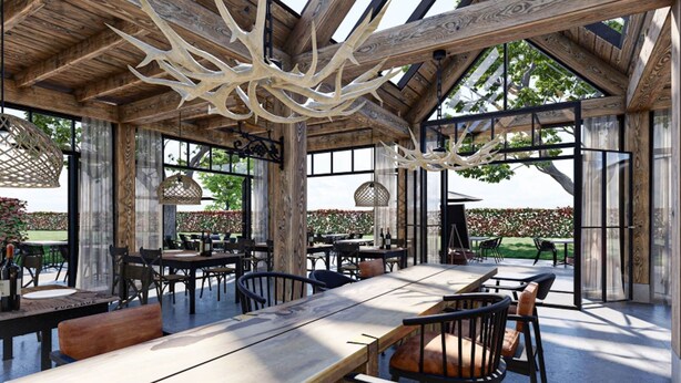 A spacious outdoor dining area with wooden beams and large windows. - Tidy Chalet With Dishwasher, 9 km From Maastricht (Berg en Terblijt)