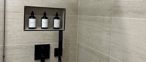 Hair dryer, towels, soap, shampoo