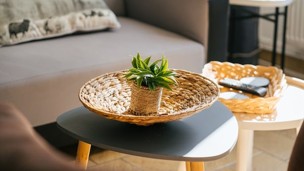 A living room with a round table, a woven basket with a plant, a remote control, and a sofa with cushions. - Holiday Home 'Maison Chaleureuse Cancale' with Private Terrace and Garden (Cancale)
