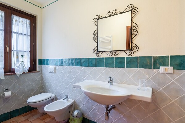 A bathroom with a sink, two toilets, a mirror, and a window with curtains.