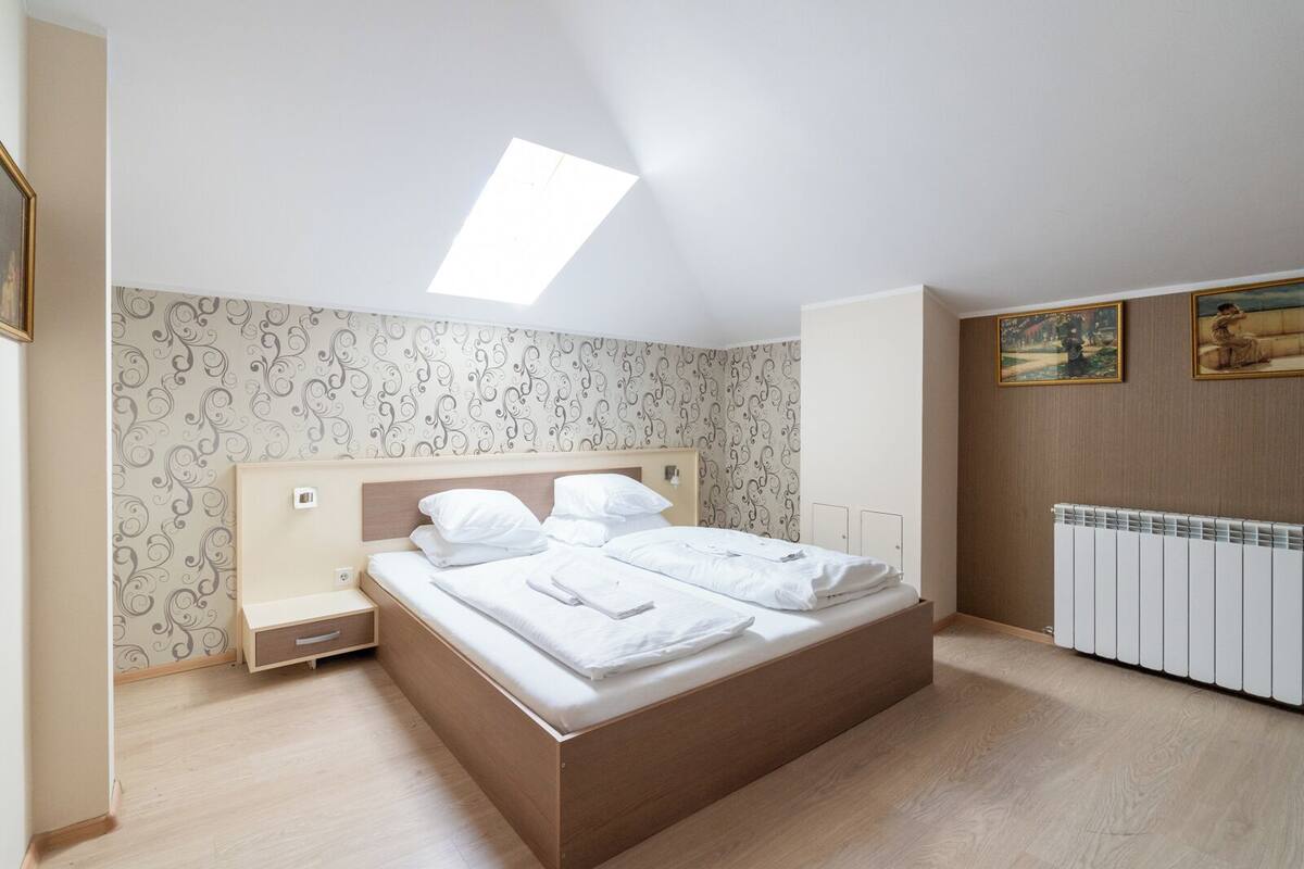 Un dormitorio con tragaluz, cama, mesita de noche, armario y radiador.