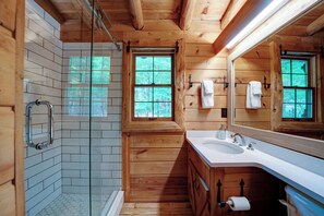 Cabin, 2 Double Beds, Patio, Mountain View (The Guest House) | Bathroom