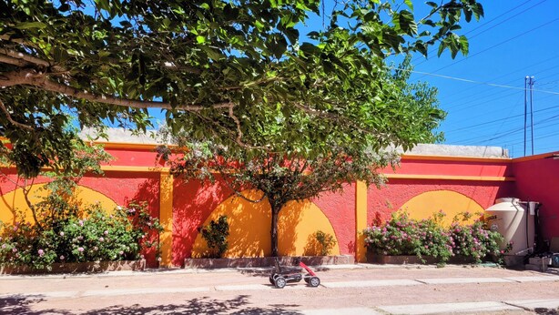 Ein Gebäude mit roter und gelber Fassade, ein Baum davor und ein abgestelltes Motorrad.