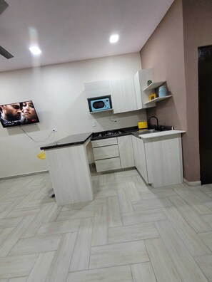 Micro-ondas, cooktop, talheres/pratos/utensílios de cozinha, especiarias