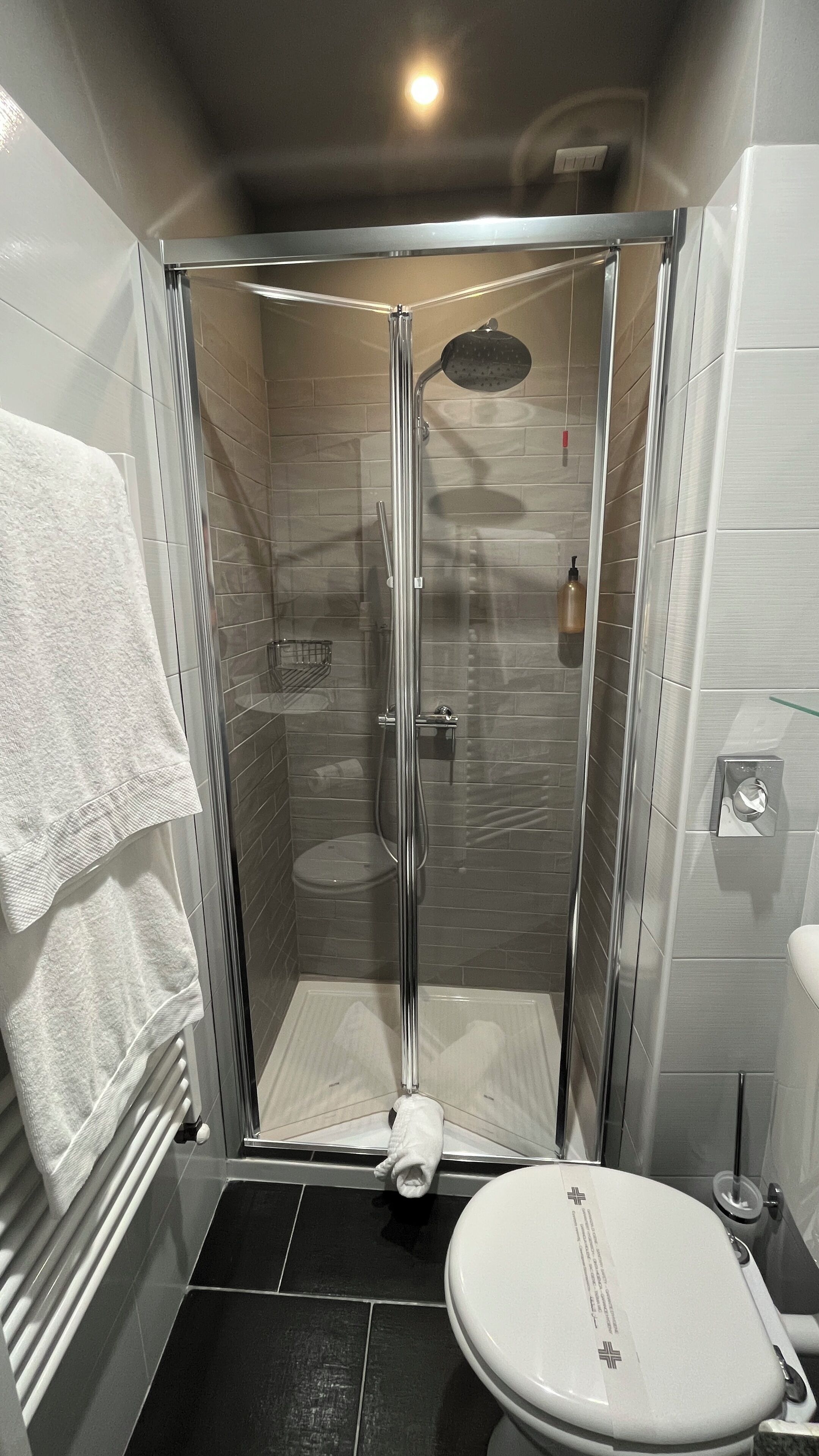 Un baño moderno con ducha acristalada, inodoro blanco y un perchero para toallas.
