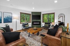 Smart TV, fireplace, foosball, table tennis