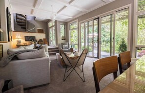 Smart TV, fireplace, DVD player, books