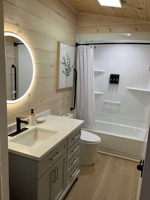 Hair dryer, towels, soap, shampoo