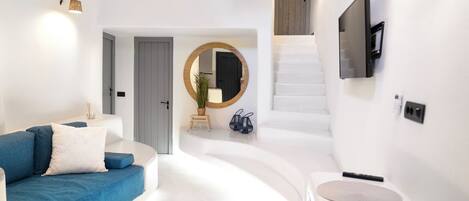 Standard Apartment, 2 Bedrooms, Balcony, Sea View | Living area | 43-inch flat-screen TV with satellite channels