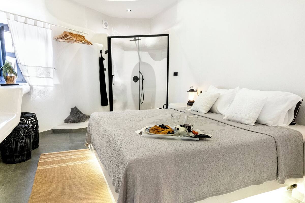 A modern bedroom with a large bed, a bedside table with a lamp, a shower area, and a view of the outdoors.