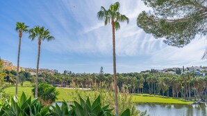 Un parcours de golf bordé de palmiers et traversé par un plan d’eau.