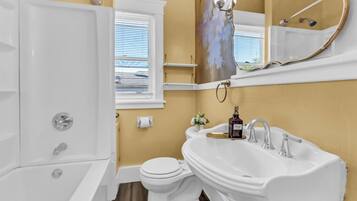 Hair dryer, towels, soap, shampoo