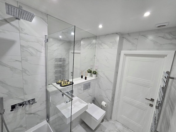 Hair dryer, towels, soap, shampoo