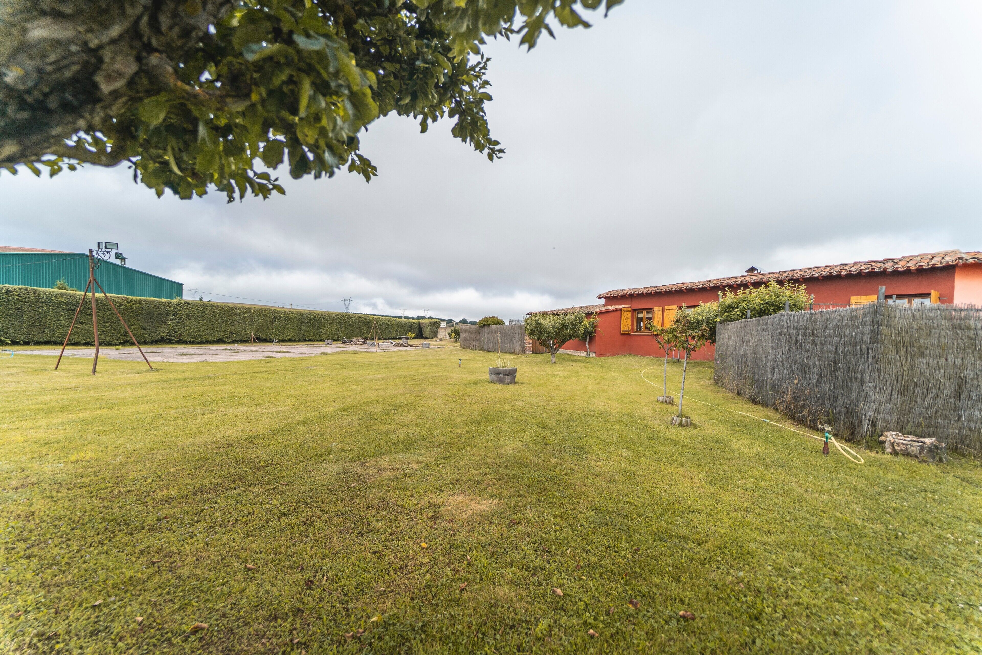 A grassy yard with a swing set, a red building, and a green structure in the background.