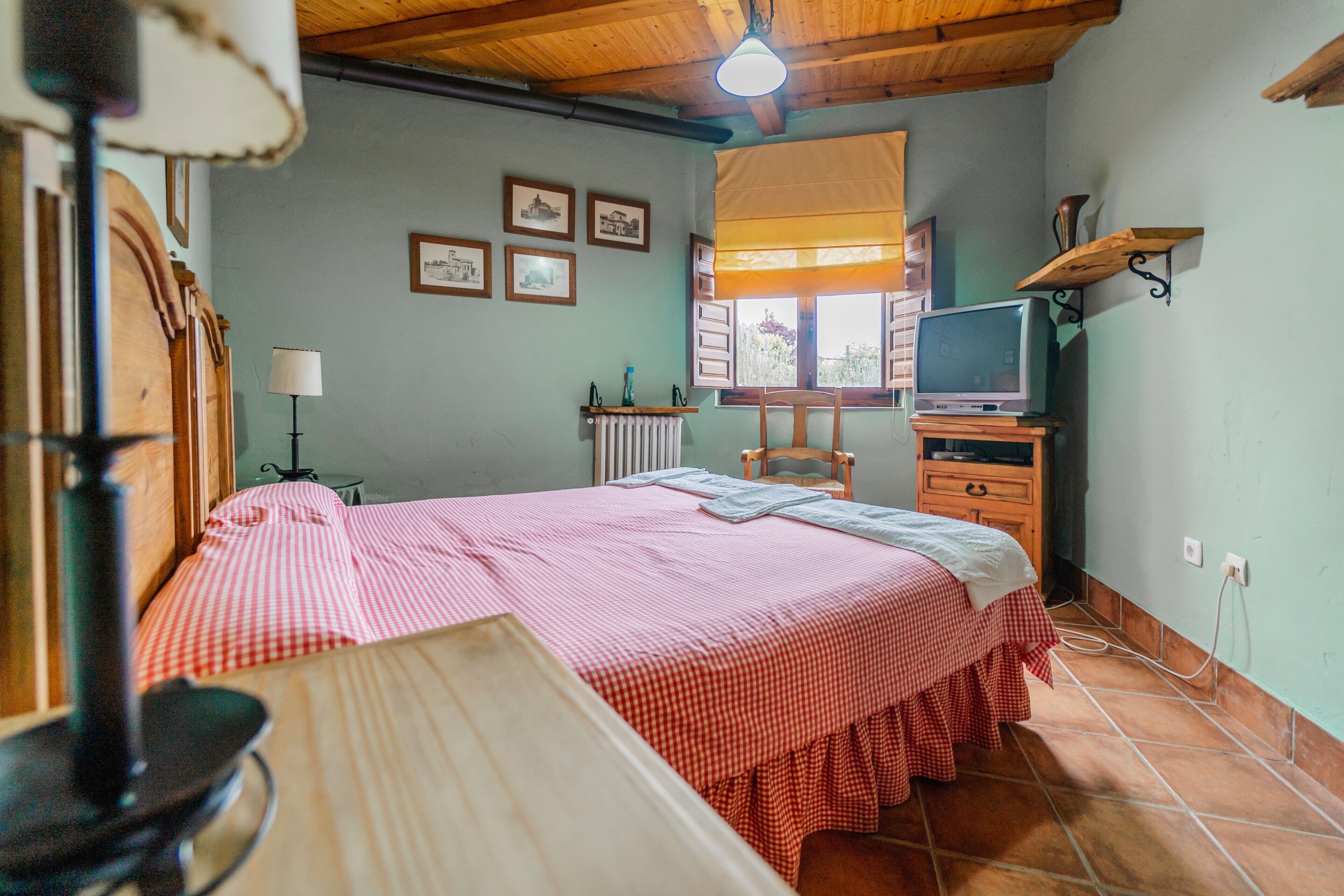 Een slaapkamer met een bed, een televisie, een radiator en een raam met uitzicht.