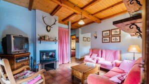 Una sala de estar con televisor, muebles de madera, chimenea y techo con vigas a la vista.