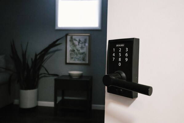 Una puerta moderna con teclado numérico, una planta en maceta y un cuadro en la pared.