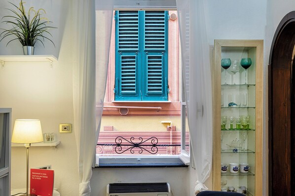 A narrow corridor with a window featuring blue shutters, a small shelf with a potted plant, and a glass cabinet with various glassware.