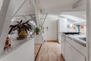 Frigorífico, microondas, horno y placa de cocina