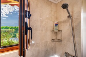 Ducha, secador de pelo y toallas