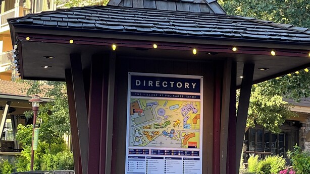 A directory kiosk with a map and information about The Village at Palisades Tahoe. - Walk to Village!  Clean 2BDRM Palisades Tahoe Condo: Hikes, Dining, Wifi (Olympic Valley)