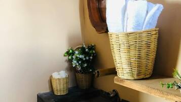 Regadera, toallas, jabón, papel de baño