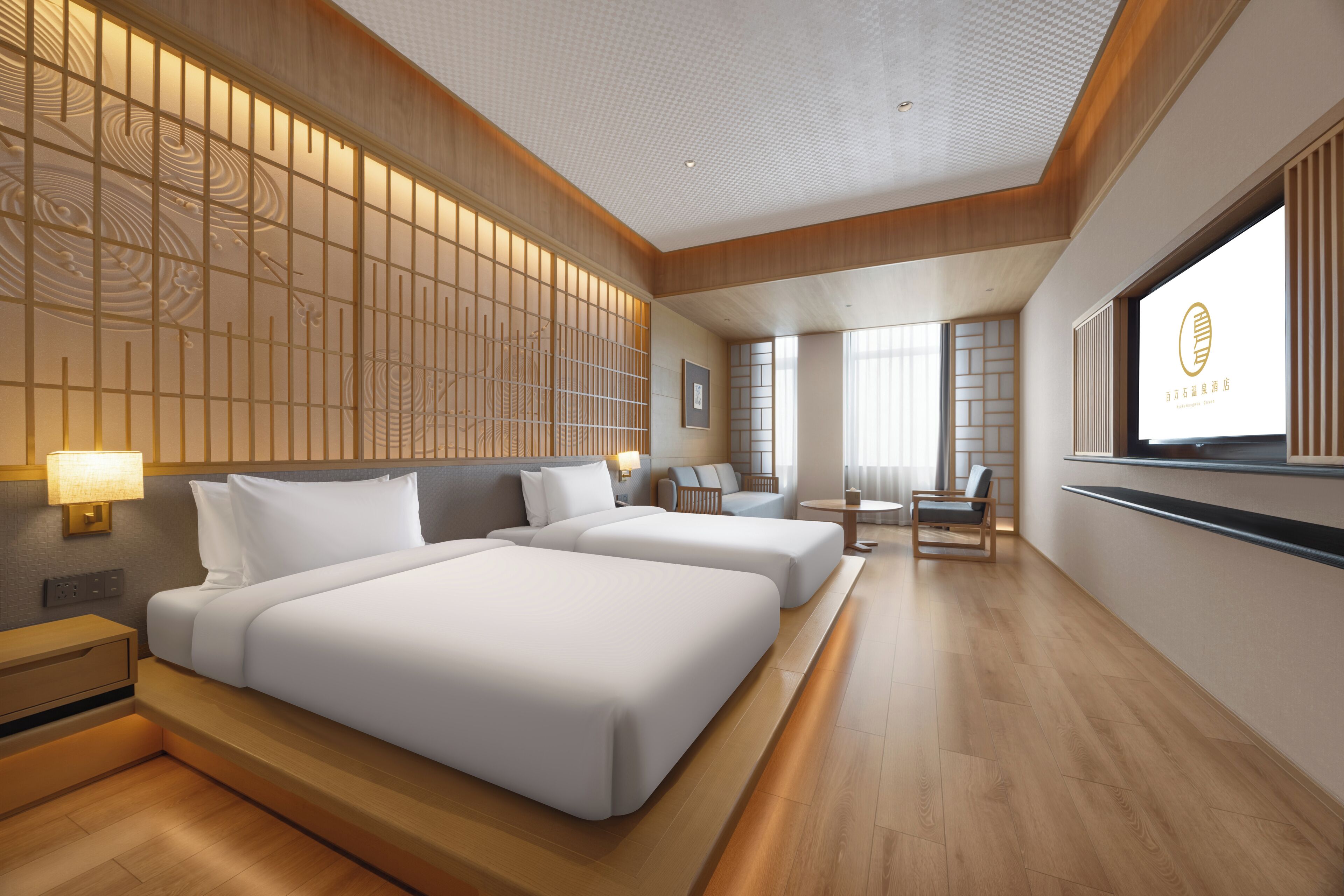 A hotel room with two beds, a desk, a chair, a TV, and a decorative wall.