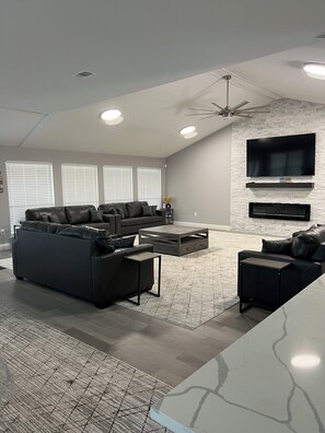 Smart TV, fireplace, table football