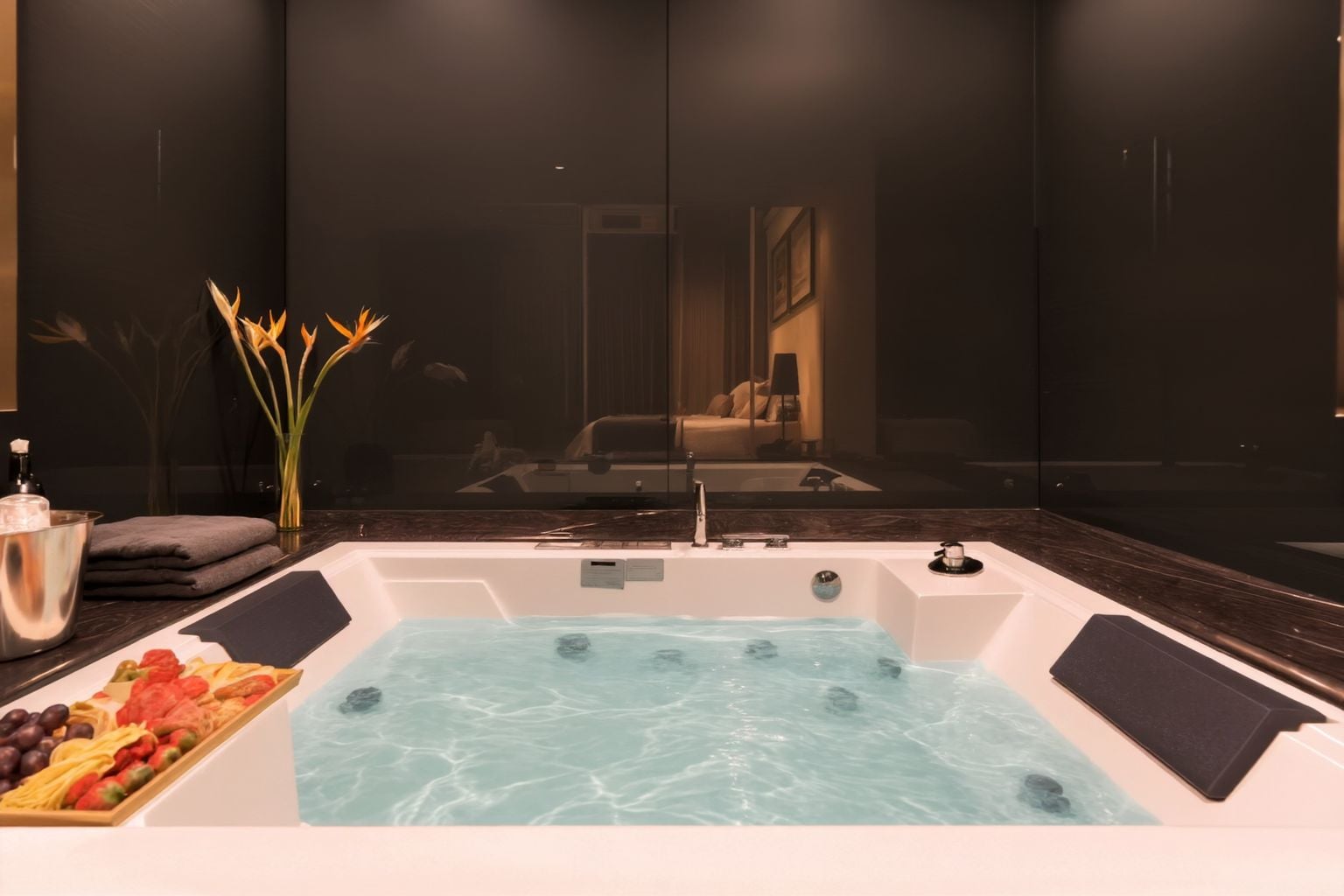 A modern bathroom with a jacuzzi tub, a fruit platter, and a vase of flowers.