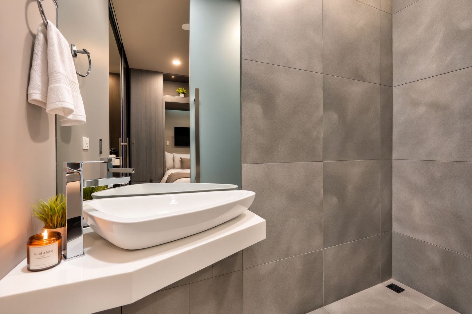 A modern bathroom with a large white sink, a mirror, and a shower area.