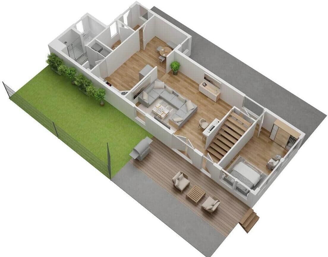 Plano de planta en 3D de un apartamento moderno, con sala de estar, cocina, comedor, dos dormitorios y un balcón.