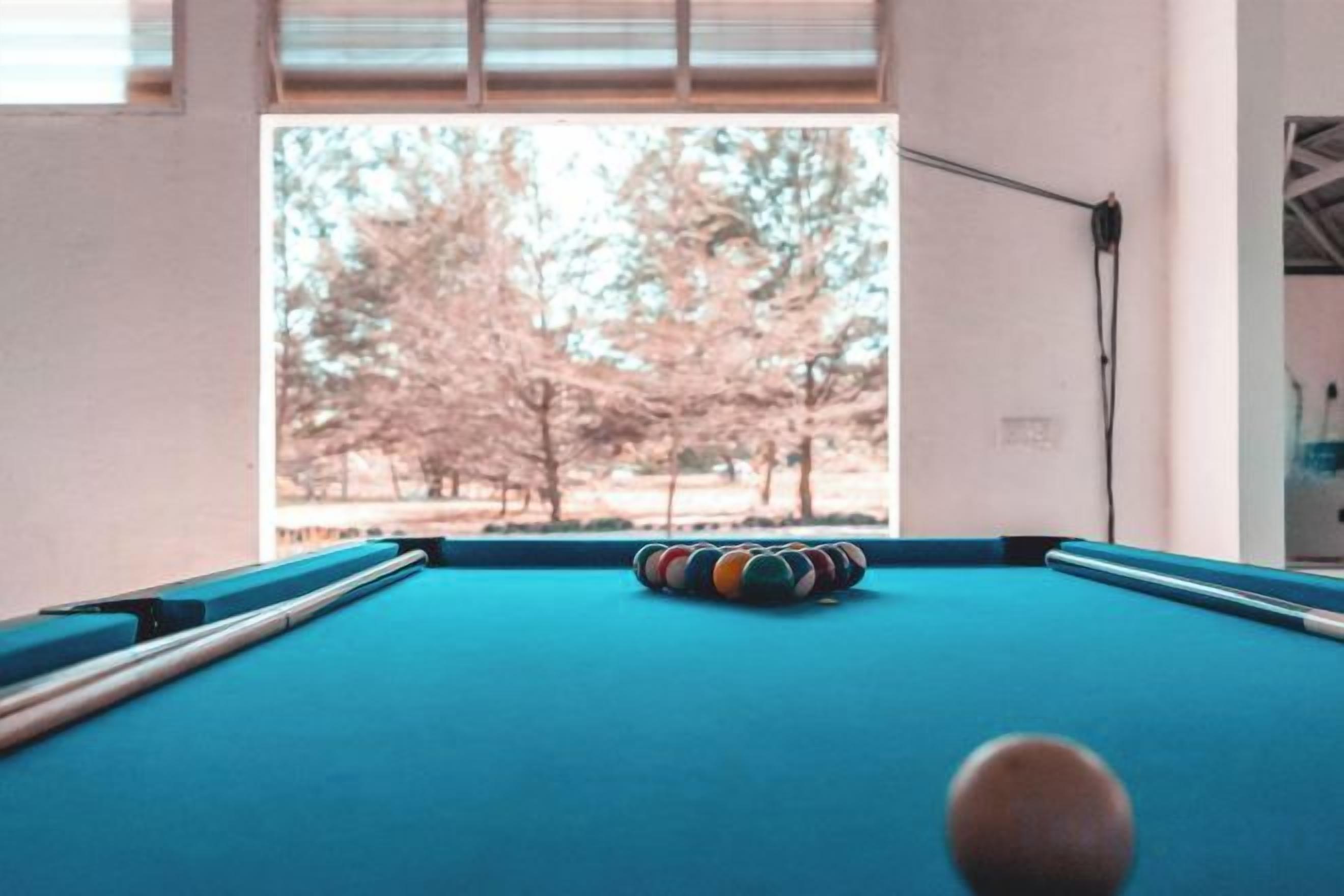 A pool table with a cue ball, a striped cushion, and a window view of trees.