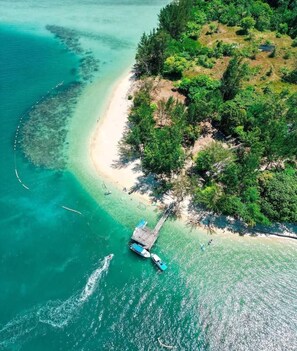 Vue aérienne d’une plage avec un quai, des eaux turquoise et limpides, et une végétation luxuriante.